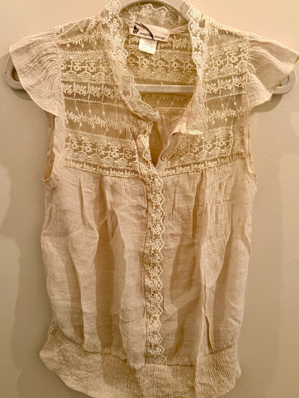 Cream Lace Yoked Sleeveless Blouse